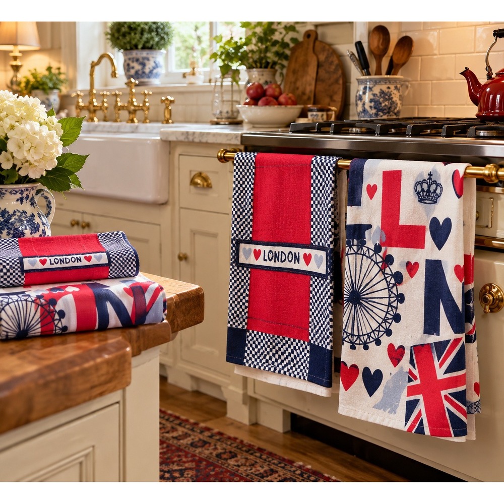 Primark Home London Tea Towels Set of 2 Red White Blue Union Jack Cotton NEW